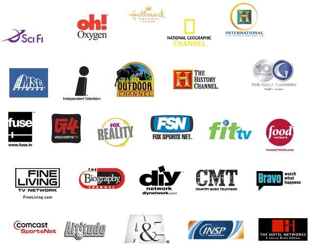 SciFi, Oh! Oxygen, Hallmark Channel, National Geographic Channel, History International, and other Network Logos.